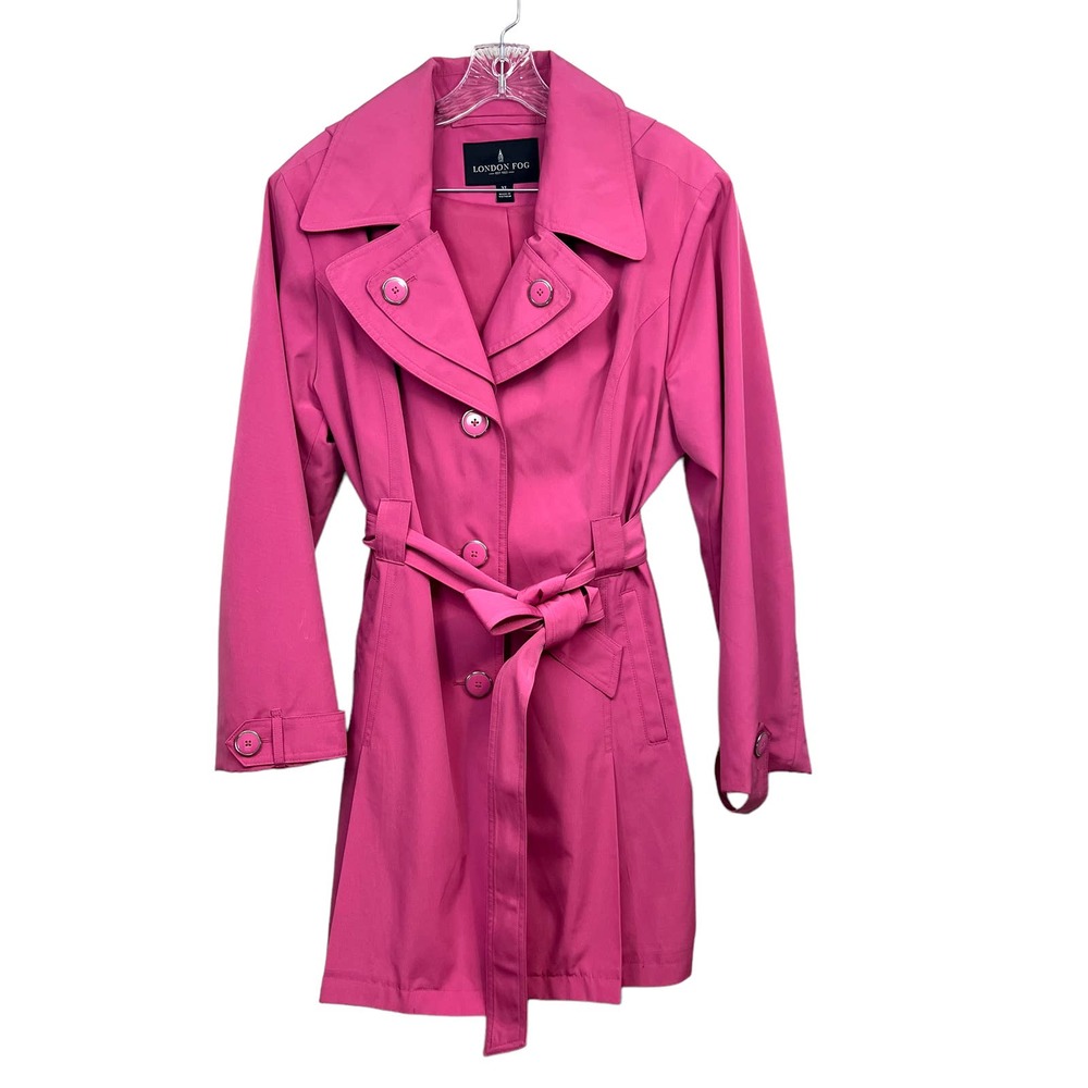 London Fog Double Breasted Trench Rain Coat Belted Detachable Hood Pink Women XL